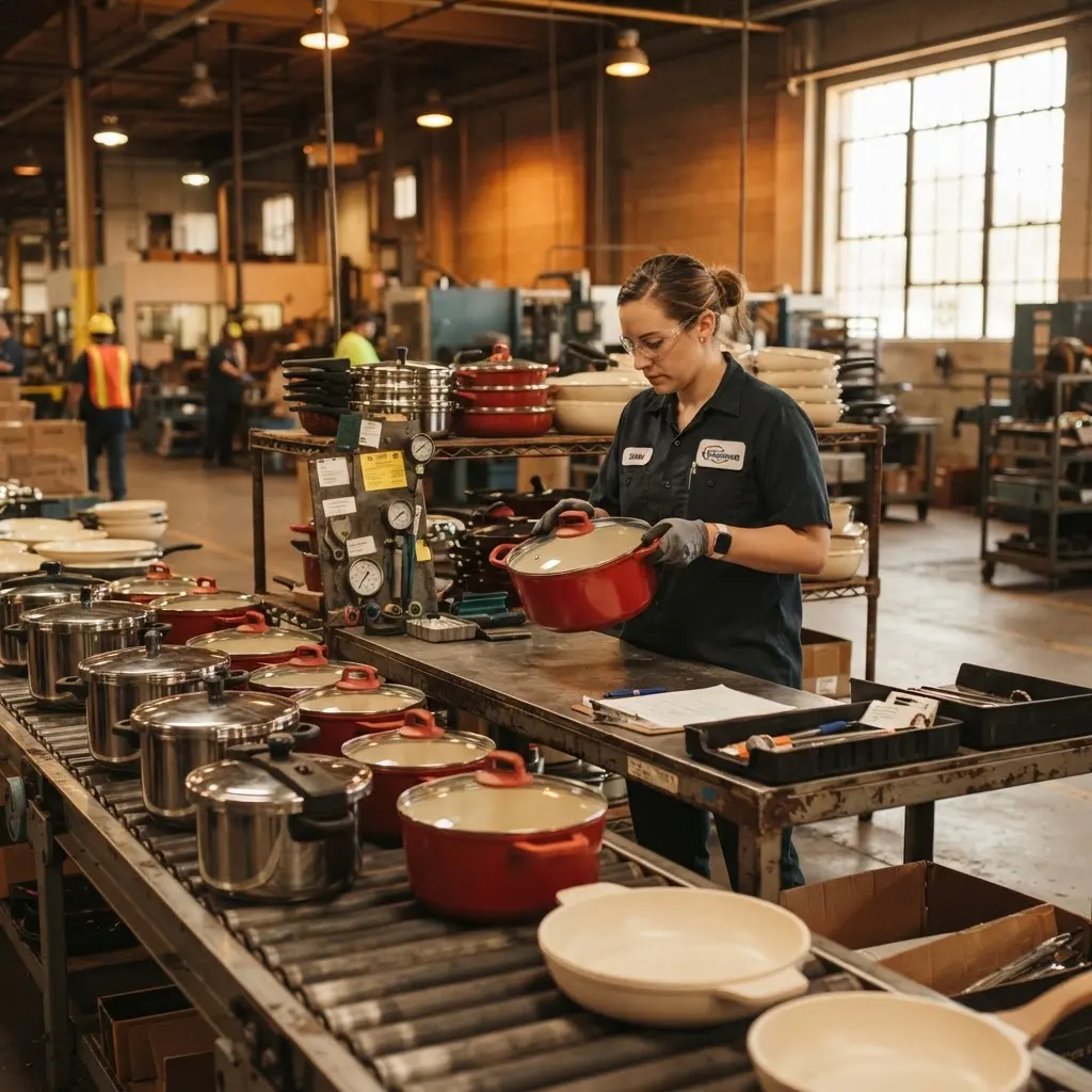 Linha de produção de panelas de pressão em aço inox em fábrica parceira da CasaDiamond