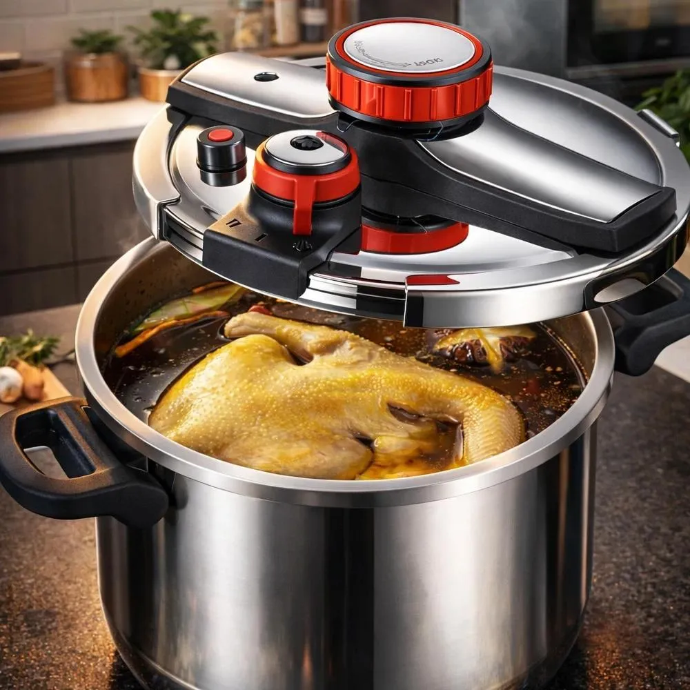 Panela de pressão UltraChef em aço inox aberta sobre o fogão