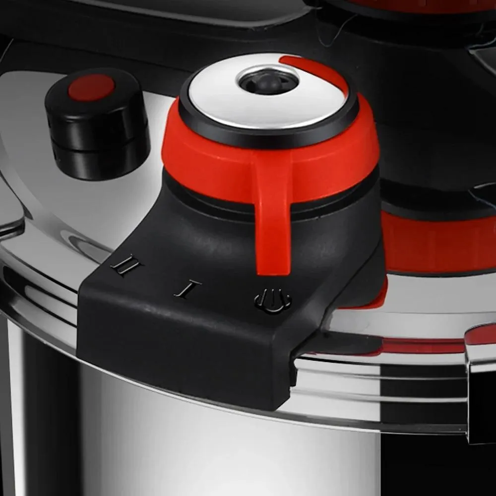 Detalhe da válvula e trava de segurança da panela de pressão UltraChef em aço inox