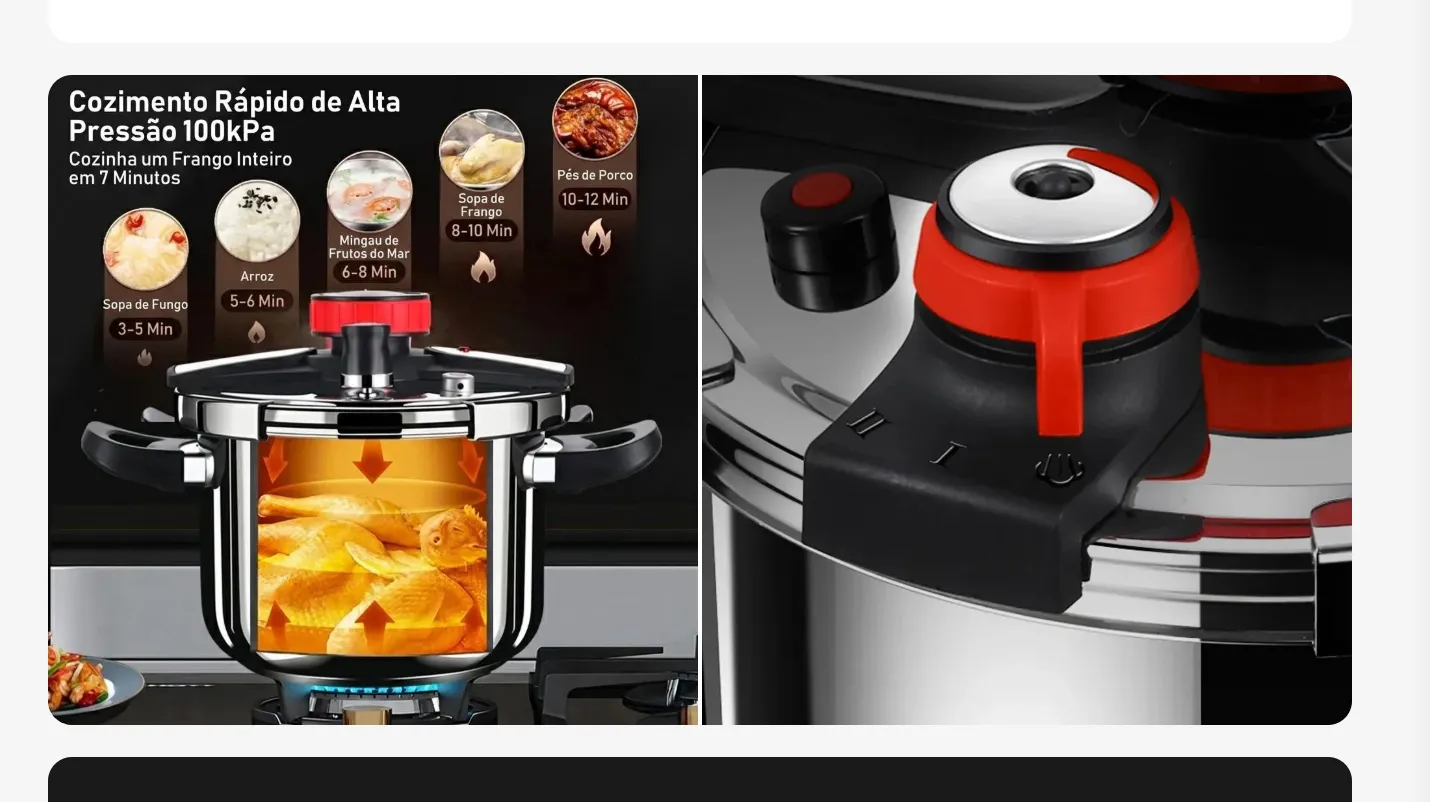 Infográfico: cozimento rápido de alta pressão 100 kPa cozinhando um frango inteiro em 7 minutos, e detalhe da válvula de segurança da UltraChef