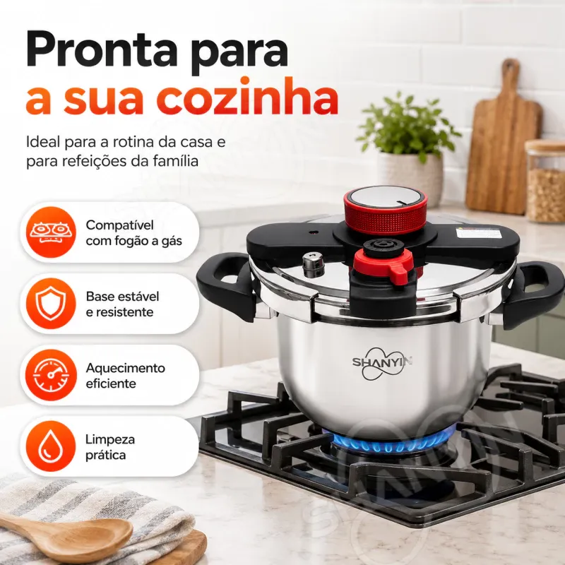 Foto da panela de pressão UltraChef sobre o fogão a gás, pronta para o uso diário na cozinha